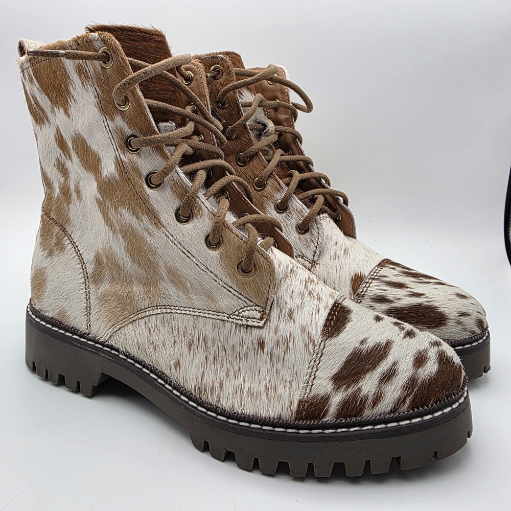 Myra Helium Cowhide Hair On Hide Combat Boots 8 Brown White Chunky Western Boho